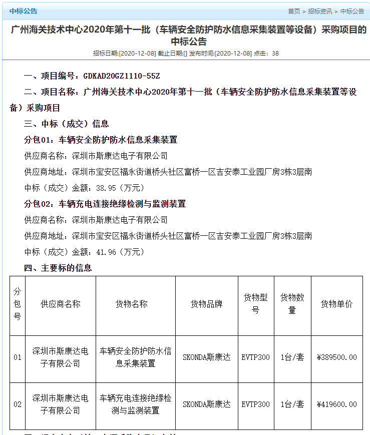 喜報|斯康達電子中標(biāo)“廣州海關(guān)技術(shù)中心 2020年第十一批（車輛安全防護防水信息采集裝置等設(shè)備）采購項目”(圖2)